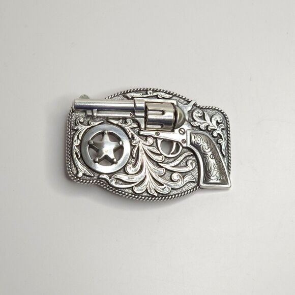 Justin Boots Lil Trigger Belt Buckle Spinning Revolver Western Marshall Badge - Picture 1 of 6